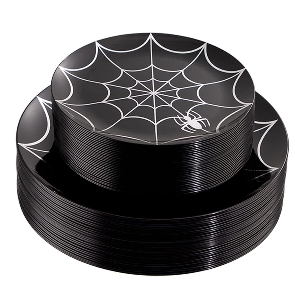 NOCCUR 60PCS Halloween Plastic Plates - 30 Black Dinner/Dessert Plates - Ideal for Halloween Party