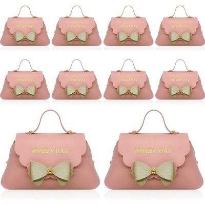10 pack Pink Leather Bowknot Gift Boxes, Reusable Birthday Party Favor bag Candy Gift Boxs with Gold Bow For Wedding Baby Showers Christmas Party Decoration5 inches x3.5 inches (Pink)