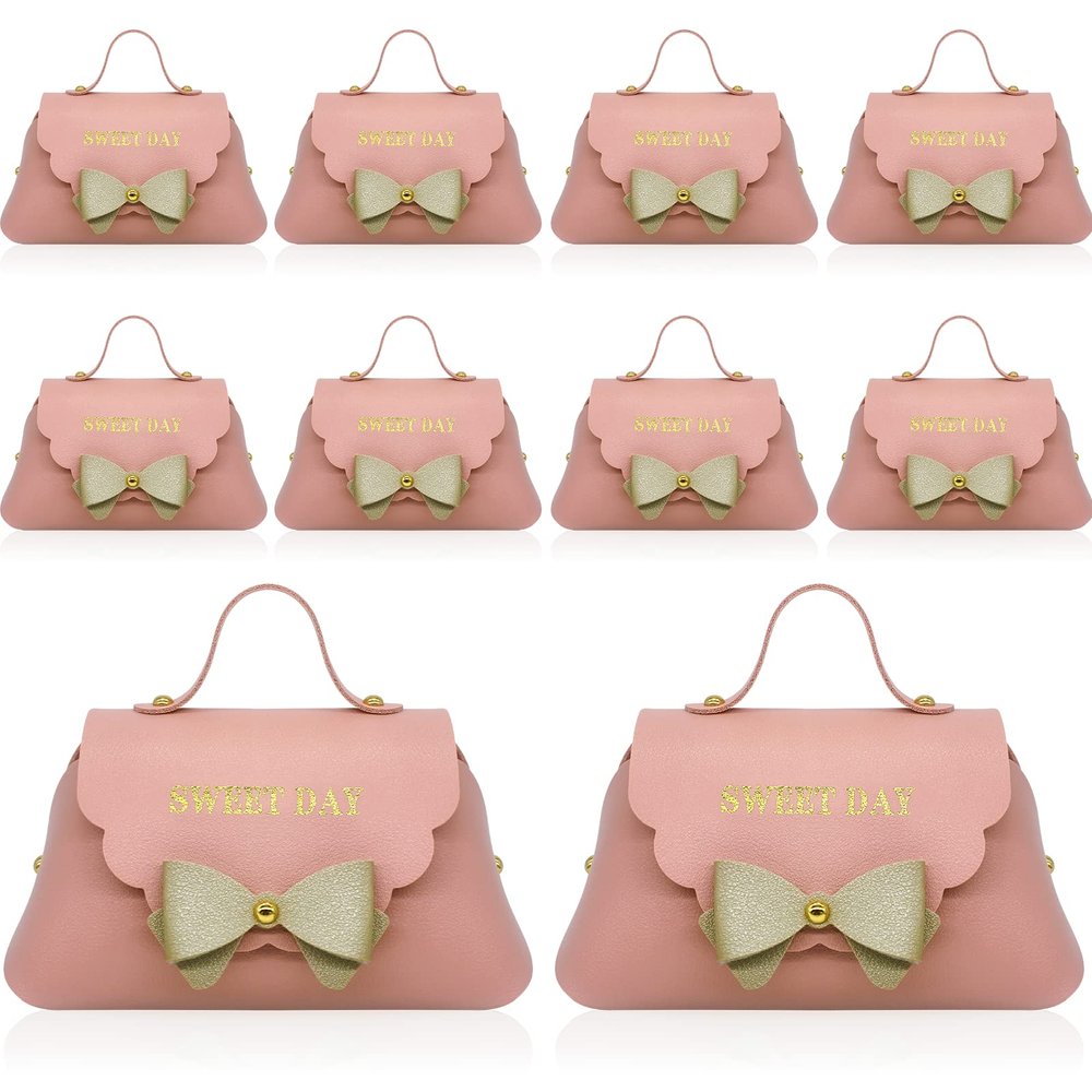 10 pack Pink Leather Bowknot Gift Boxes, Reusable Birthday Party Favor bag Candy Gift Boxs with Gold Bow For Wedding Baby Showers Christmas Party Decoration5 inches x3.5 inches (Pink)