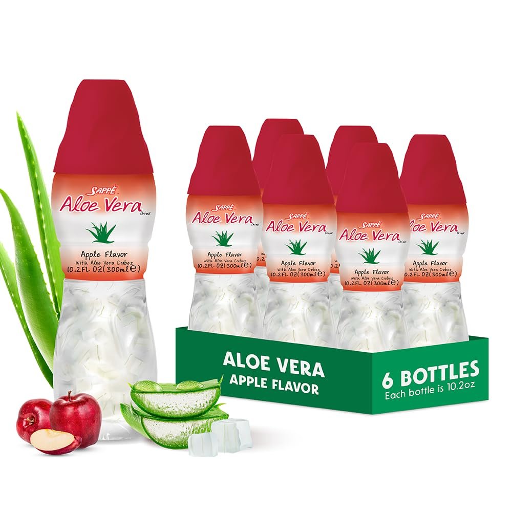Aloe vera juice (Apple flavored) with bigger chunks pure aloe pulp (6 Packs) Plant based juice great for hydration and contains large aloe pulp. It is healthy for adults and kids