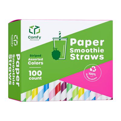 Comfy Package [100 Pack] 10 mm Jumbo Striped Paper Smoothie Straws, 100% Biodegradable Paper Boba Straws, Disposable Milkshake Straws - Assorted Colors