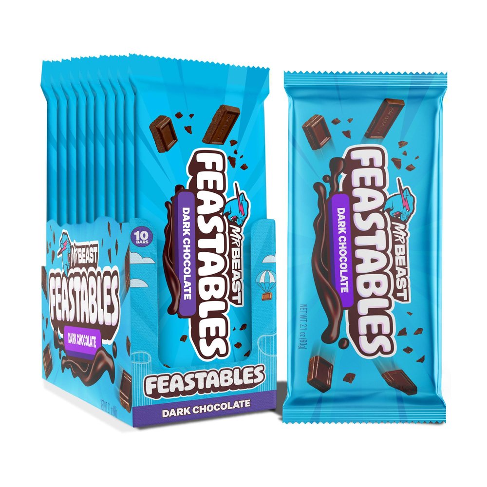 Feastables MrBeast Original Dark Chocolate Chocolate Bar, King Size Candy Bar for Adults & Kids, Candy Bars for Snacks, Gifts, & Dessert, Sweet & Creamy Quality Fairtrade Cocoa, 2.1 Oz Each, 10 Count