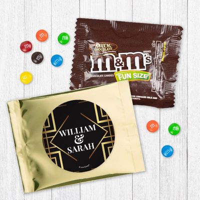 12ct Personalized Wedding Party Favors &M's Candy Fun Size for Guests (12 Pack) - Gold Foil - (3 x 4in) Milk Chocolate, Black and Gold