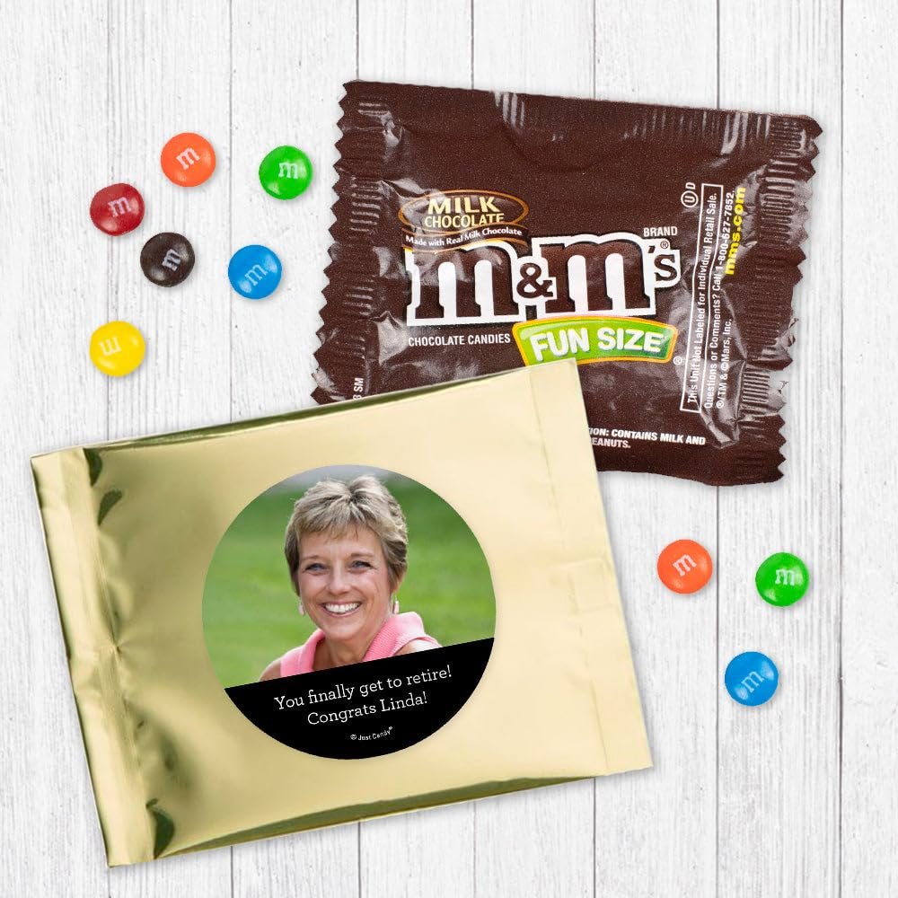 12ct Personalized Retirement Party Favors for Guests M&M's Candy Fun Size Bags (12 Pack) - Gold Foil - (3 x 4in) Milk Chocolate, Add Your Photo