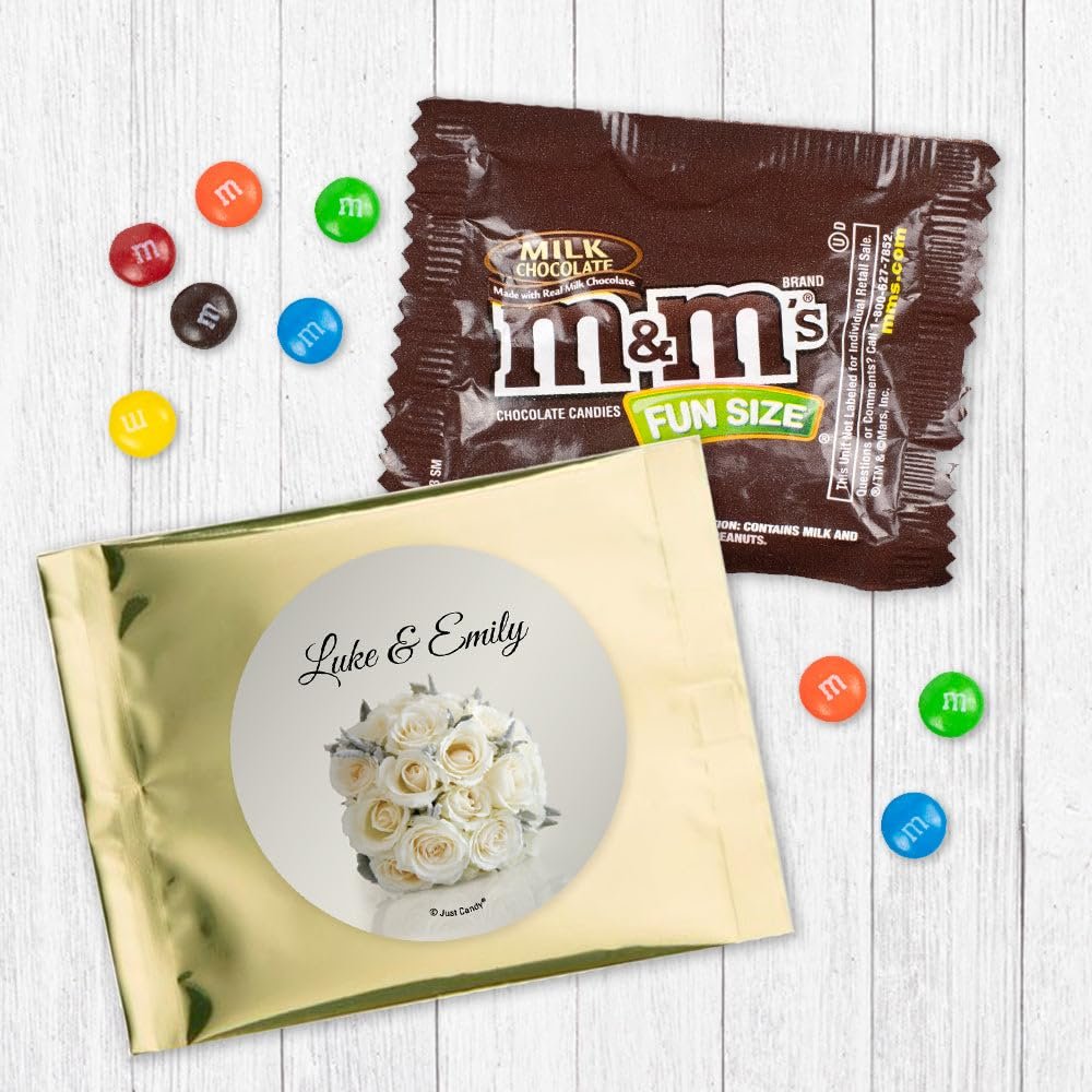 12ct Personalized Floral Wedding Candy Favors M&M's Chocolate Fun Size Favors for Guests (12 Pack) - Gold Foil - (3 x 4in) Milk Chocolate, Floral Design