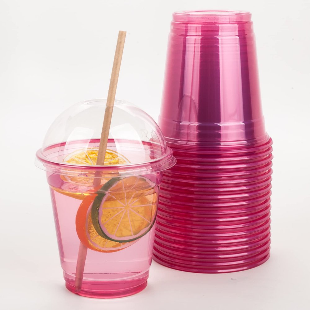 Golden Apple, 12oz 50sets Pink Red Plastic cups with Clear Dome lids with hole (50cups+50lids) BPA Free