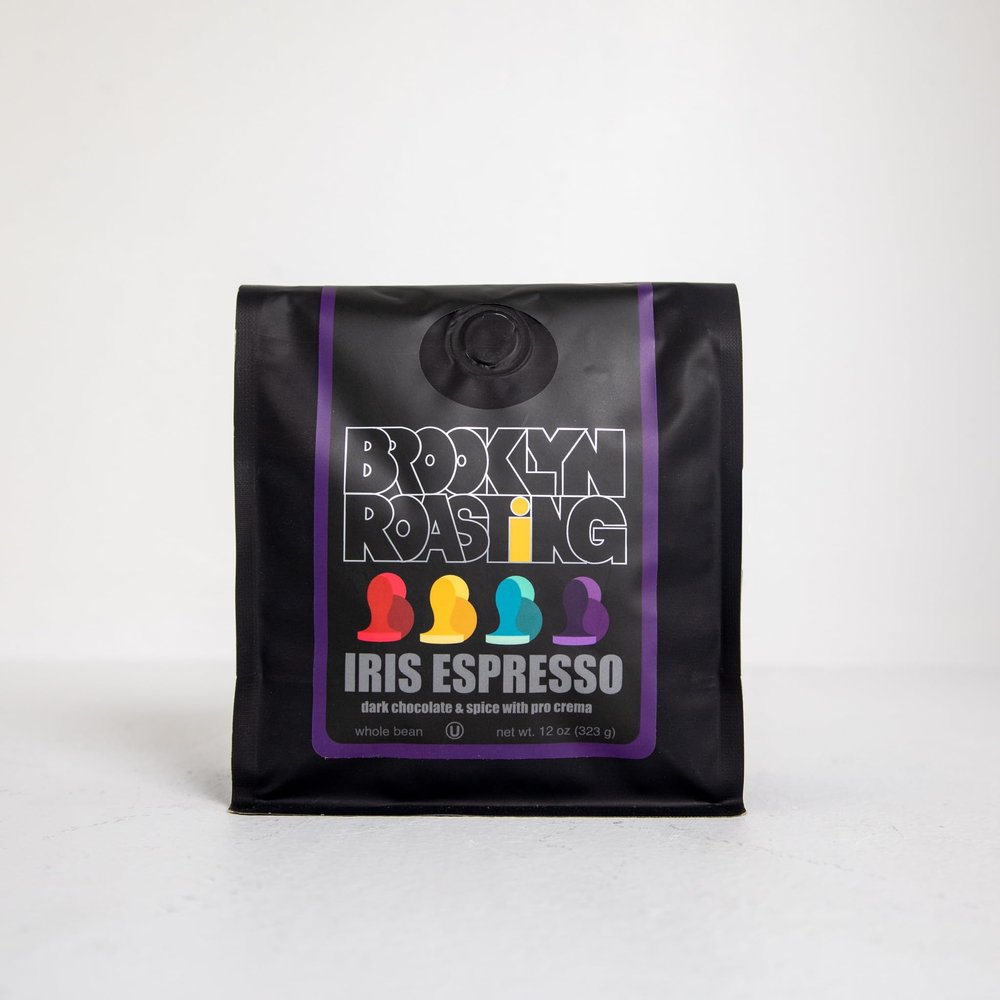BROOKLYN ROASTING COMPANY - Medium Dark Roast Whole Bean Coffee - Iris Espresso Blend - 12oz Bag - Peru, Brazil, and Ethiopia Coffee - Notes of Root Beer, Honey, Berries, Cocoa - Roasted in NYC