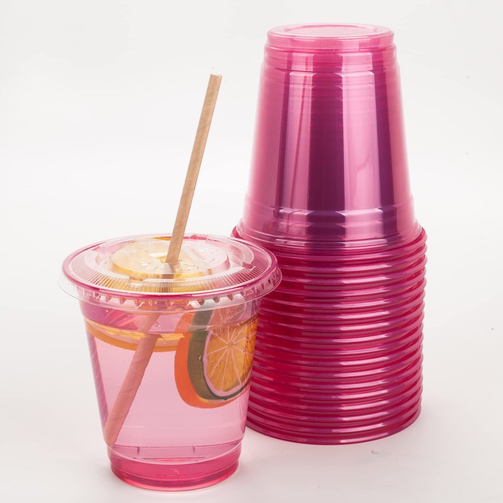 Golden Apple, 12oz 50sets Pink Red Plastic cups with Clear Flat lids X hole (50cups+50lids) BPA Free