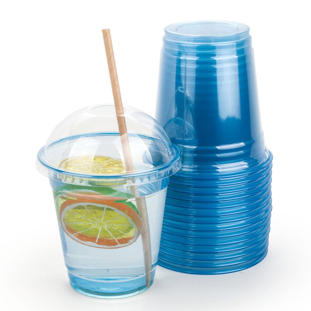 Golden Apple, color cups series 12oz 50sets Blue Plastic cups with Clear Dome lids with hole (50cups+50lids) BPA Free