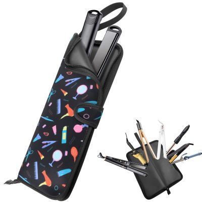 2 in 1 Heat Resistant Flat Iron Holder and Curling Iron Cover - Portable Neoprene Pouch with Silicone Mat for Hair Styling Tools, 13 x 5 Inches