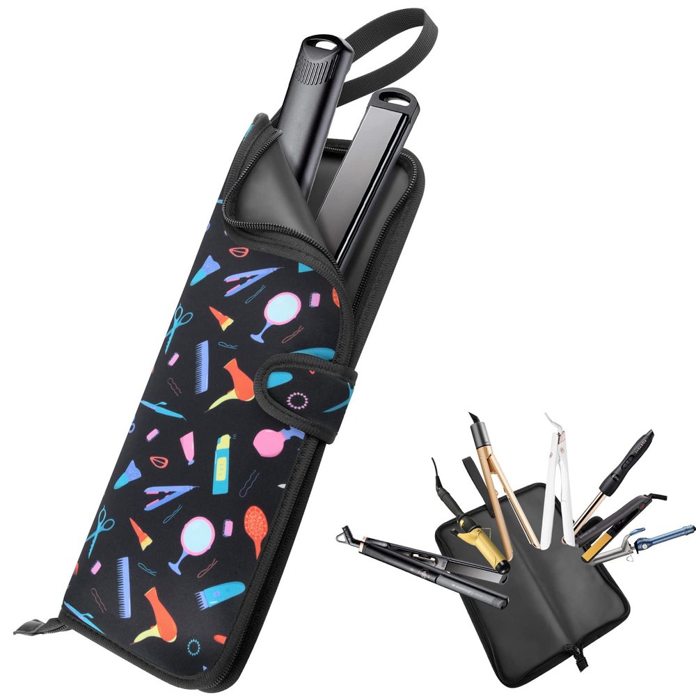 2 in 1 Heat Resistant Flat Iron Holder and Curling Iron Cover - Portable Neoprene Pouch with Silicone Mat for Hair Styling Tools, 13 x 5 Inches