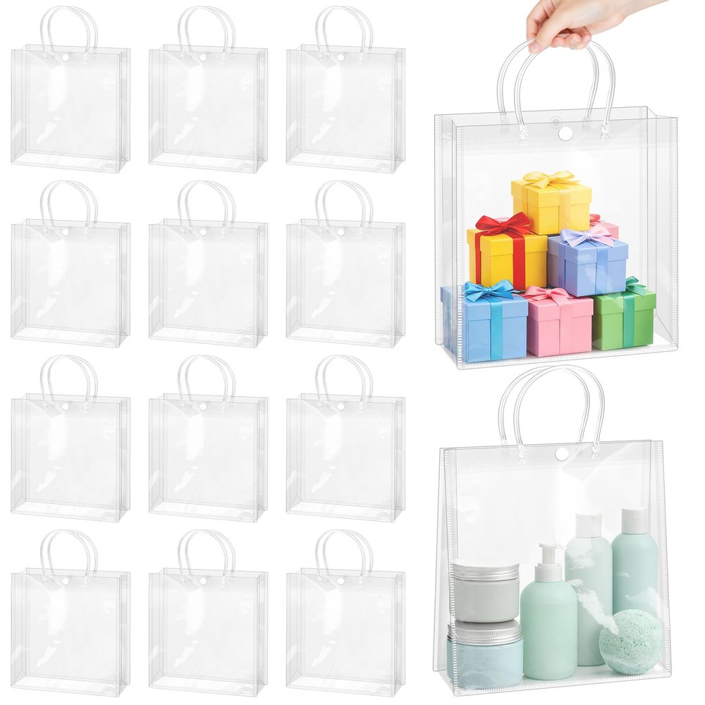 BadenBach 16 Pack Clear Gift Bags with Handles, 11" x 11" x 3.9" Large Reusable Plastic Party Favor Bags Bulk, Transparent PVC Tote Bag for Wedding, Birthday, Valentine's Day, Boutique (282810 cm)