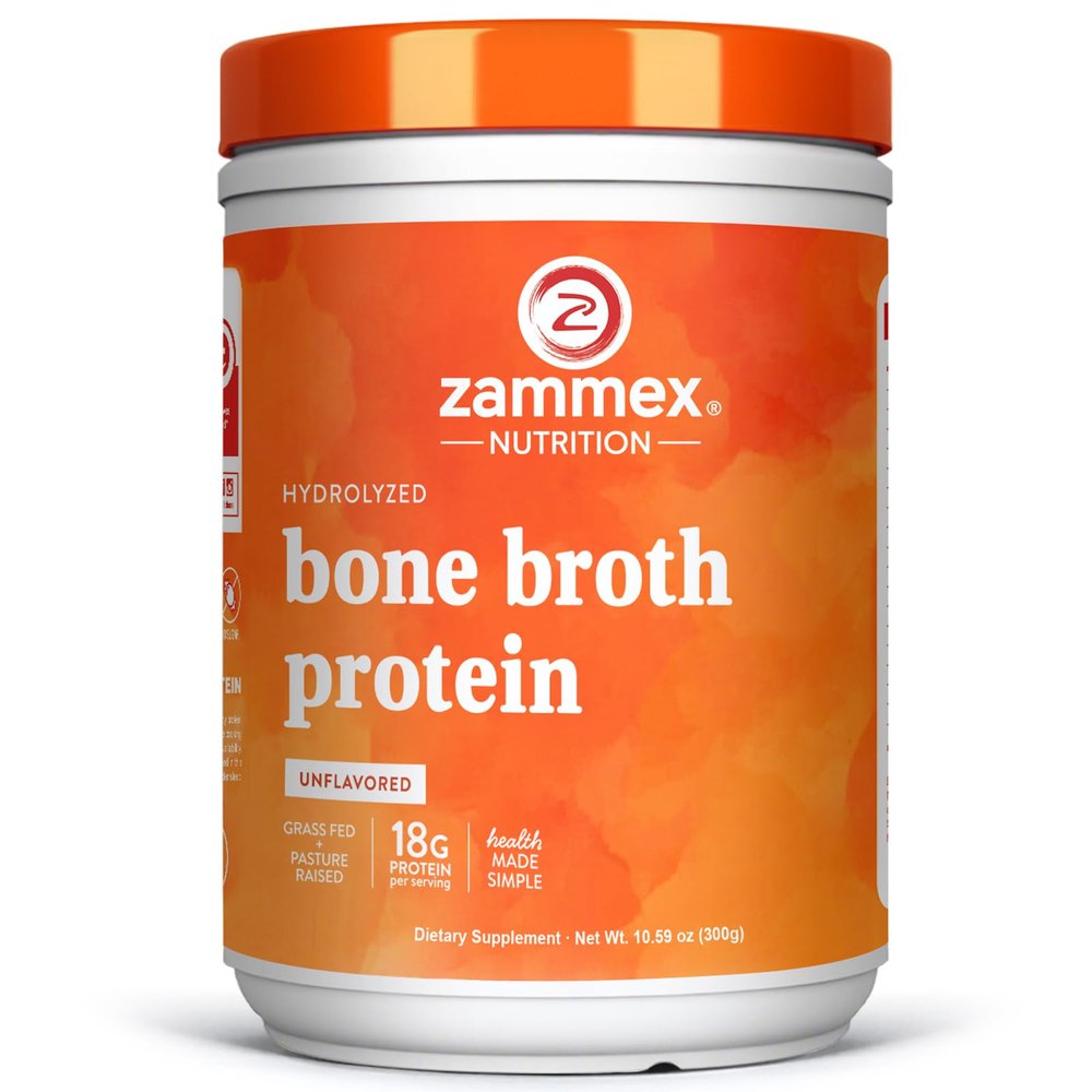 Zammex 100% Grass-Fed Beef Bone Broth Protein Powder, 18G Protein, Hydrolyzed Collagen Peptides Type 1&3, Supports Healthy Skin, Nails, Hair, Joints, Non-GMO, Gluten Free, Paleo & Keto Friendly