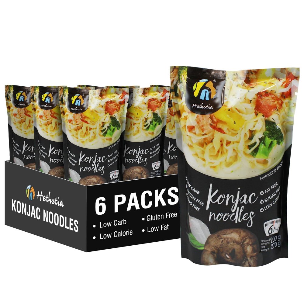Hethstia Konjac Noodle Fettuccine, 6-Pack Gluten-Free Shirataki Noodles, Low-Carb Konjac Pasta, Keto & Vegan, Sugar-Free, Non-GMO, Low-Calorie