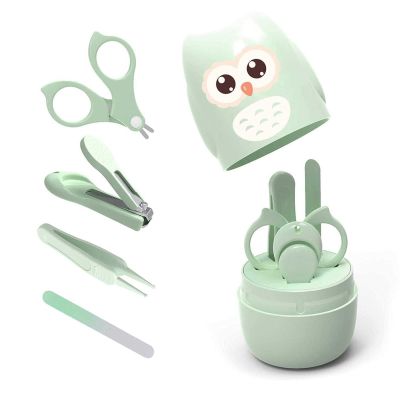 Baby Nail Clippers Set- 4 in 1 Baby Manicure Kit, Pedicure Kit for Newborn, Infant, Toddler, Kids Nail Clippers, Nail File, Scissor and Tweezers, Nail Care Grooming Tools, with Cute Owl Case (Green)