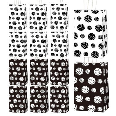 chiazllta 12 Pcs Volleyball Gift Bags for Team Volleyball Party Favor Snack Goody Treat Bag with Handle Volleyball Paper Bag Kraft Candy Bags for Sport Theme Birthday Party Decor Black & White