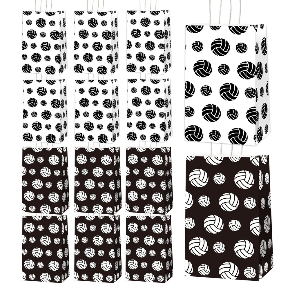 chiazllta 12 Pcs Volleyball Gift Bags for Team Volleyball Party Favor Snack Goody Treat Bag with Handle Volleyball Paper Bag Kraft Candy Bags for Sport Theme Birthday Party Decor Black & White