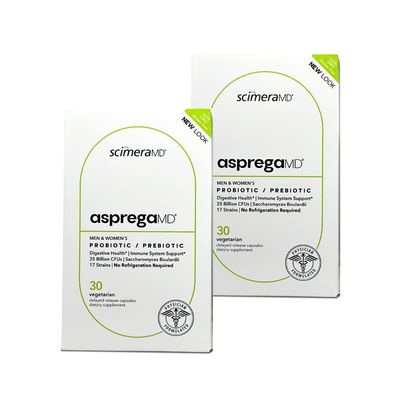 Asprega 30CT - Probiotic + Prebiotic Supplement | 17 Strains, 35 Billion CFUs | Delayed Release | Saccharomyces Boulardii | for Men & Women | by ScimeraMD, 2-Pack