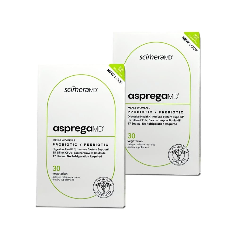 Asprega 30CT - Probiotic + Prebiotic Supplement | 17 Strains, 35 Billion CFUs | Delayed Release | Saccharomyces Boulardii | for Men & Women | by ScimeraMD, 2-Pack