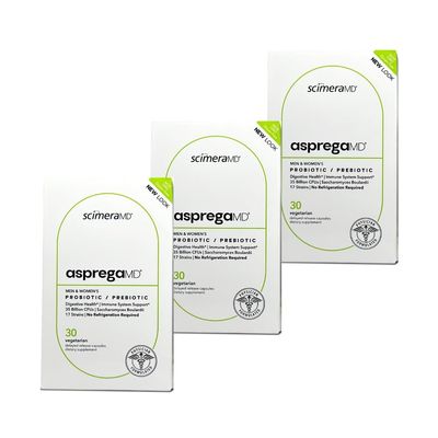 Asprega 30CT - Probiotic + Prebiotic Supplement | 17 Strains, 35 Billion CFUs | Delayed Release | Saccharomyces Boulardii | for Men & Women | by ScimeraMD, 3-Pack