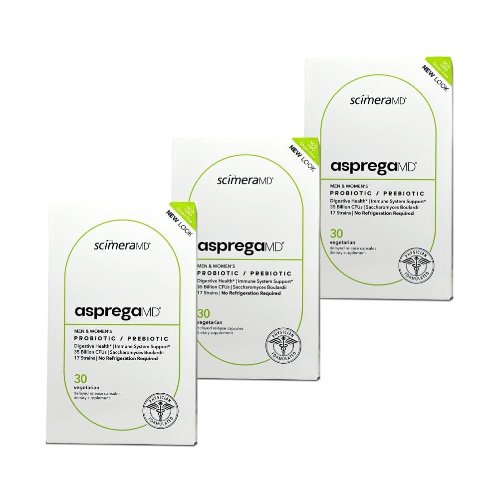 Asprega 30CT - Probiotic + Prebiotic Supplement | 17 Strains, 35 Billion CFUs | Delayed Release | Saccharomyces Boulardii | for Men & Women | by ScimeraMD, 3-Pack