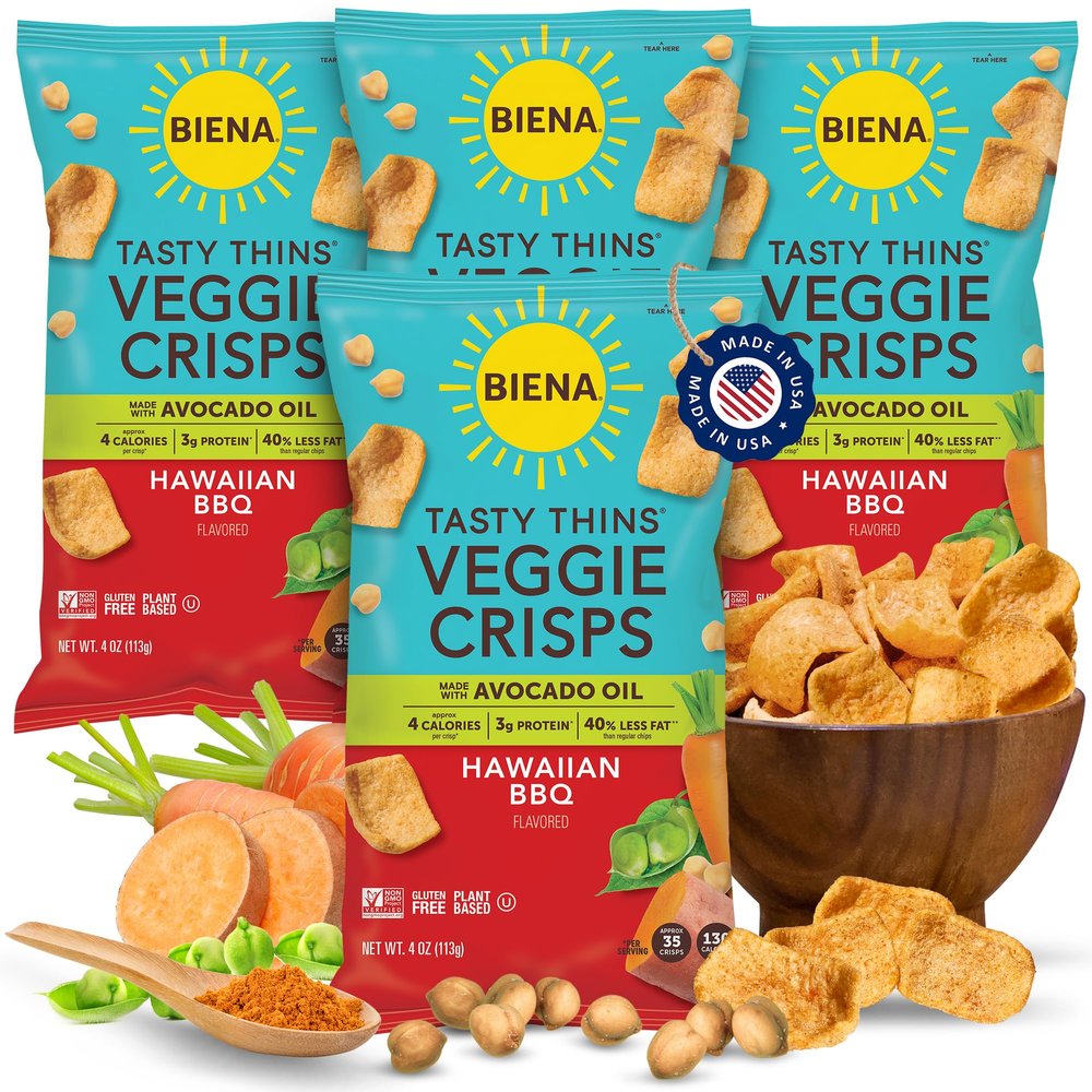 BIENA Tasty Thins Veggie Crisps  Hawaiian BBQ, 4-Pack, 4 oz Bags  Chickpeas & Veggies, Vegan, Gluten Free, Dairy-Free, Non-GMO, Allergy-Friendly, Healthy Snacks for Adults and Kids