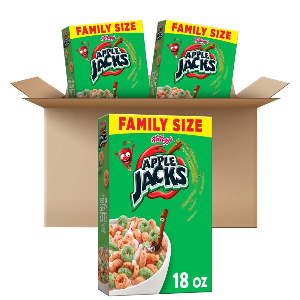 Kellogg's Apple Jacks Cold Breakfast Cereal, 8 Vitamins and Minerals, Kids Snacks, Family Size, Original (3 Boxes)