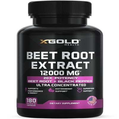 Beet Root Extract - 12000mg 20x Concentrated Beet Root Capsules Supplement w/Black Pepper - High Nitrates - Natural Nitric Oxide Booster - Highly Concentrated & Bioavailable - Made in USA -180 Caps