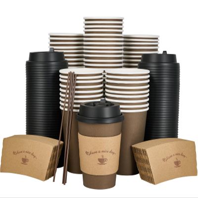 LITOPAK 100 Pack 12 oz Paper Coffee Cups with Lids, Sleeves, and Stirring Sticks for Coffee, Water, or Juice, Browm 10 Ounce Disposable Hot Paper Cups for Cafes, schools, offices, shops