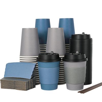 LITOPAK 100 Pack 12 oz Disposable Paper Coffee Cups with Lids, Sleeves and Stirring Sticks for Hot Coffee, Water or Juice, Blue and Gray Hot Paper Cups for Cafes, schools, offices, shops