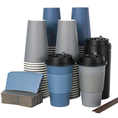 LITOPAK 100 Pack 16 oz Disposable Paper Coffee Cups with Lids, Sleeves and Stirring Sticks for Hot Coffee, Water or Juice, Blue and Gray Hot Paper Cups for Cafes, schools, offices, shops