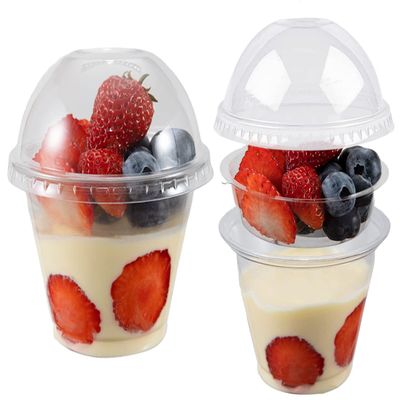botogift 50 Sets 9 oz Clear Plastic Cups with Insert & Dome Lids(NO HOLE) - Disposable Parfait Cups with Lids for Fruit Yogurt Smoothie Iced Cold Drinks Dips and Veggies, No Leaking