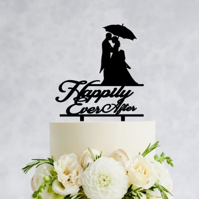JuneLucky Happily Ever After Wedding Cake Topper,Bride & Groom Silhouette Cake Topper Acrylic Black Wedding Cake Topper Custom Mr & Mrs Cake Topper for Wedding Engagement Anniversary Party Favor