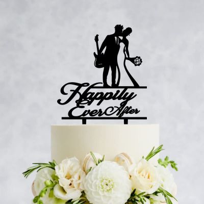 JuneLucky Happily Ever After Wedding Cake Topper,Bride & Groom Silhouette Cake Topper for Wedding Anniversary Engagement Party