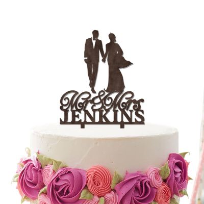 JuneLucky Personalized Mr & Mrs Wedding Cake Topper,Bride & Groom Kissing Silhouette Cake Topper with Customized Last Name and Date for Wedding Anniversary Engagement Party Supplies,Rustic Wood Brown