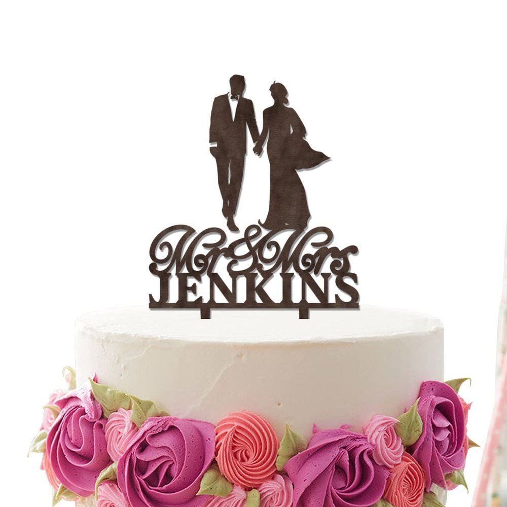 JuneLucky Personalized Mr & Mrs Wedding Cake Topper,Bride & Groom Kissing Silhouette Cake Topper with Customized Last Name and Date for Wedding Anniversary Engagement Party Supplies,Rustic Wood Brown