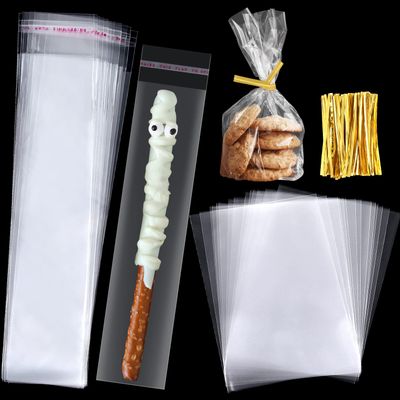 ASTARON 400 Pcs Pretzel Bags with Ties, Clear Cellophane Bags Pretzel Sticks Individual Rod Bags Self Adhesive for Birthday Party Treat Cookies Candies