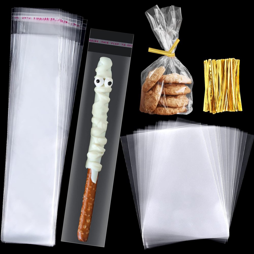 ASTARON 400 Pcs Pretzel Bags with Ties, Clear Cellophane Bags Pretzel Sticks Individual Rod Bags Self Adhesive for Birthday Party Treat Cookies Candies