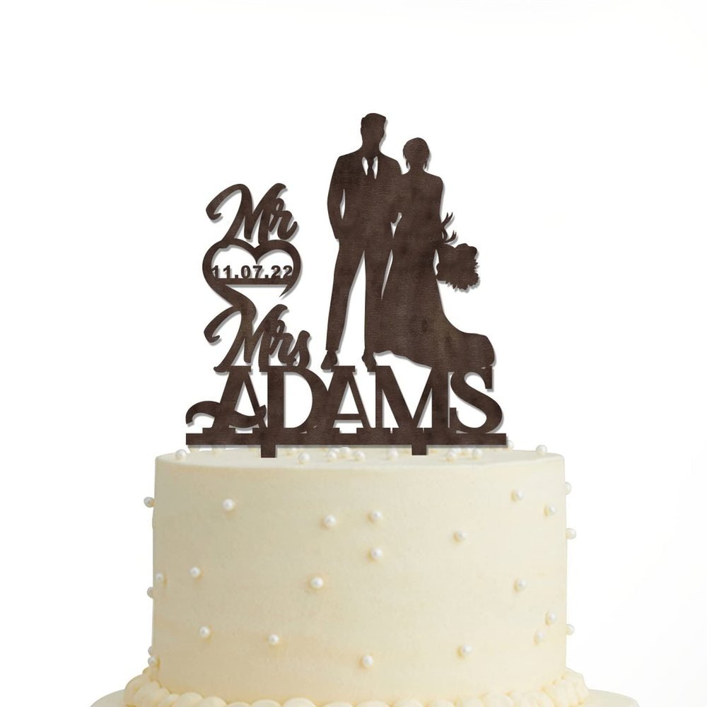 JuneLucky Personalized Mr & Mrs Wedding Cake Topper,Bride & Groom Kissing Silhouette Cake Topper with Customized Last Name and Date for Wedding Anniversary Engagement Party Supplies,Rustic Wood Brown
