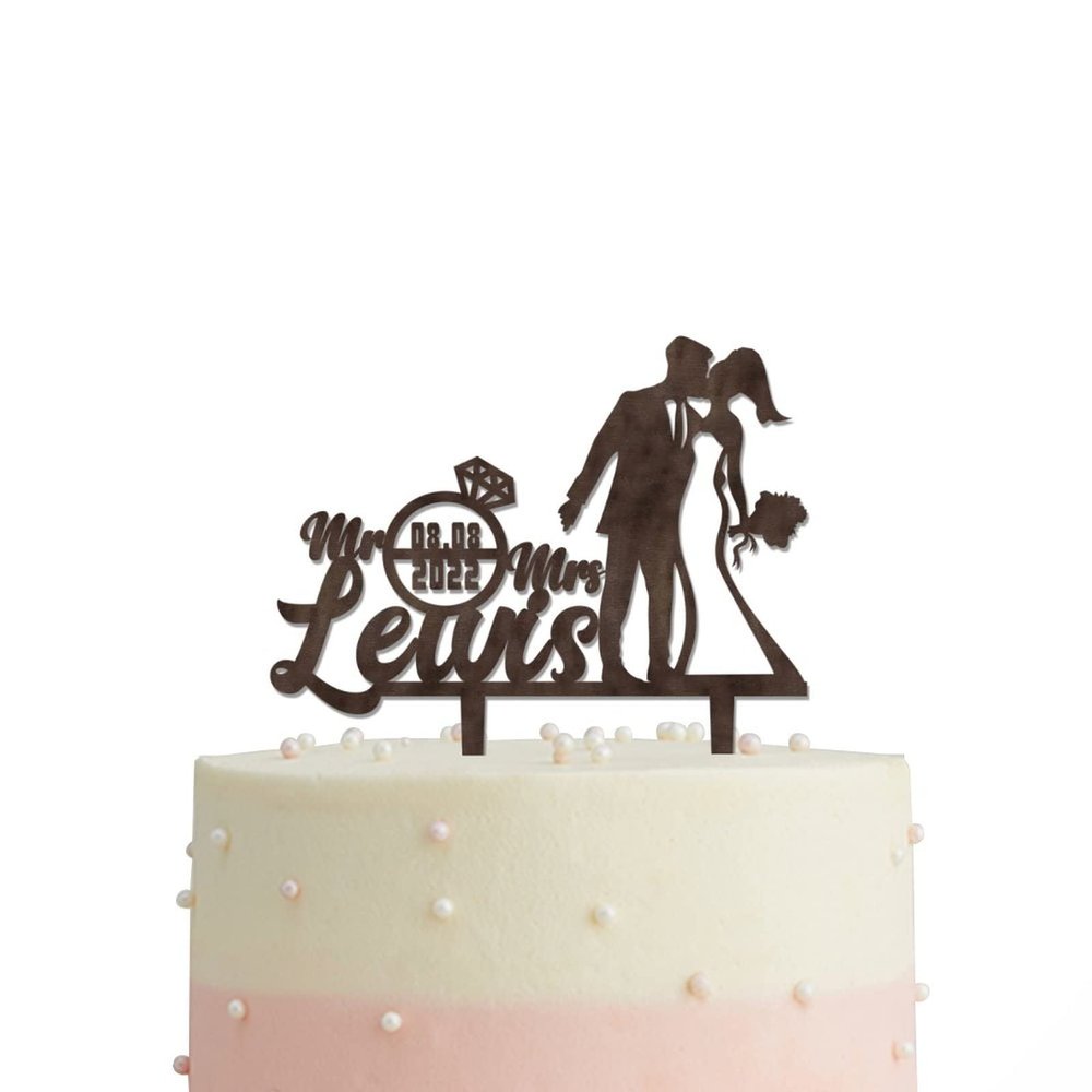 JuneLucky Personalized Mr & Mrs Wedding Cake Topper,Bride & Groom Kissing Silhouette Cake Topper with Customized Last Name and Date for Wedding Anniversary Engagement Party Supplies,Rustic Wood Brown