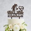 JuneLucky Personalized Mr & Mrs Wedding Cake Topper,Bride & Groom Kissing Silhouette Cake Topper with Customized Last Name and Date for Wedding Anniversary Engagement Party Supplies,Rustic Wood Brown view 2