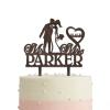 JuneLucky Personalized Mr & Mrs Wedding Cake Topper,Bride & Groom Kissing Silhouette Cake Topper with Customized Last Name and Date for Wedding Anniversary Engagement Party Supplies,Rustic Wood Brown view 3