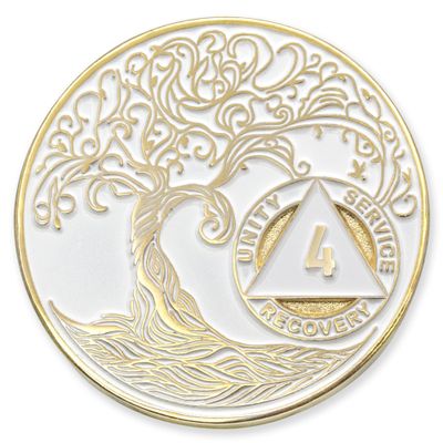 1 to 50 Year Twisted Tree of Life Sobriety Coin - Gold Plated AA Chips & Medallions - 4 Year Sobriety Coin - White