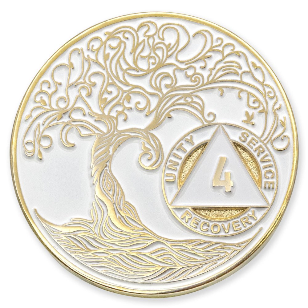 1 to 50 Year Twisted Tree of Life Sobriety Coin - Gold Plated AA Chips & Medallions - 4 Year Sobriety Coin - White