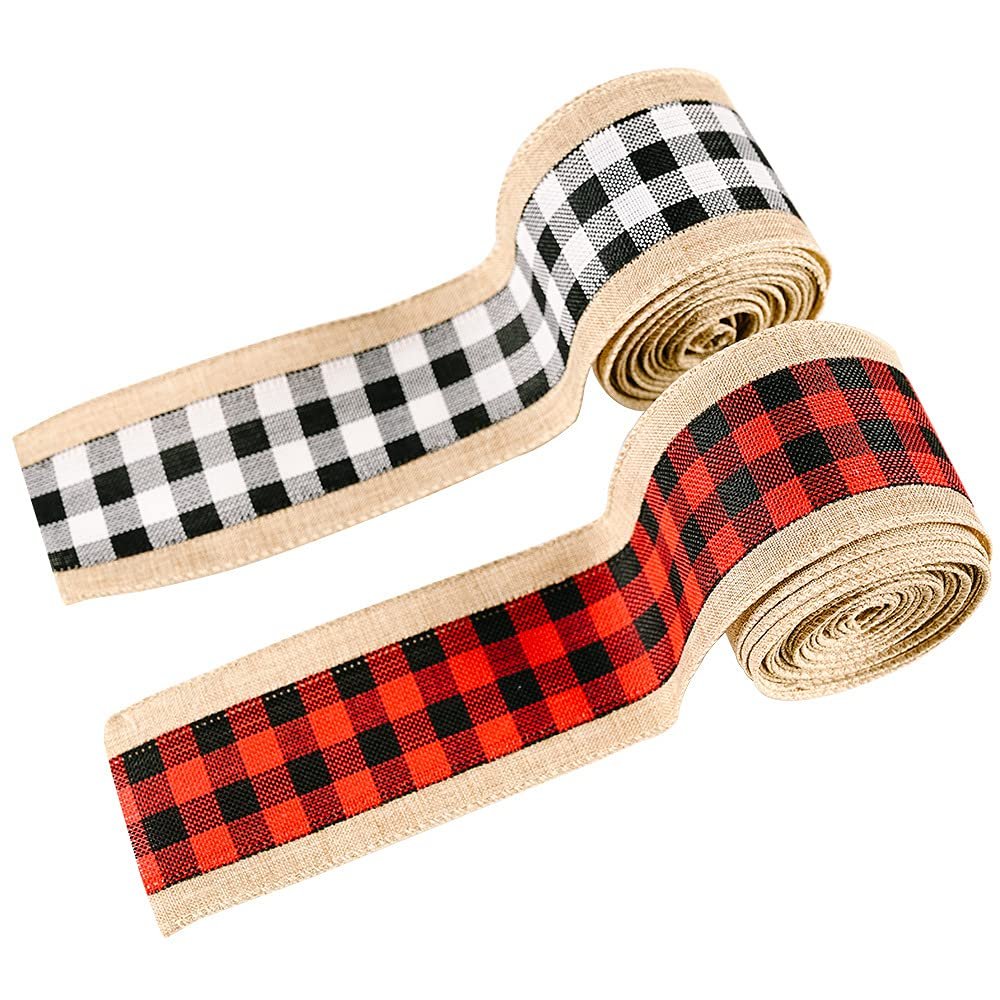 2 Roll Wired Plaid Ribbons Stars Stripes Ribbon Burlap Craft Ribbon Christmas Decoration 4th of July Decor American Independence Day for DIY Gift Wrapping Holiday Decorations