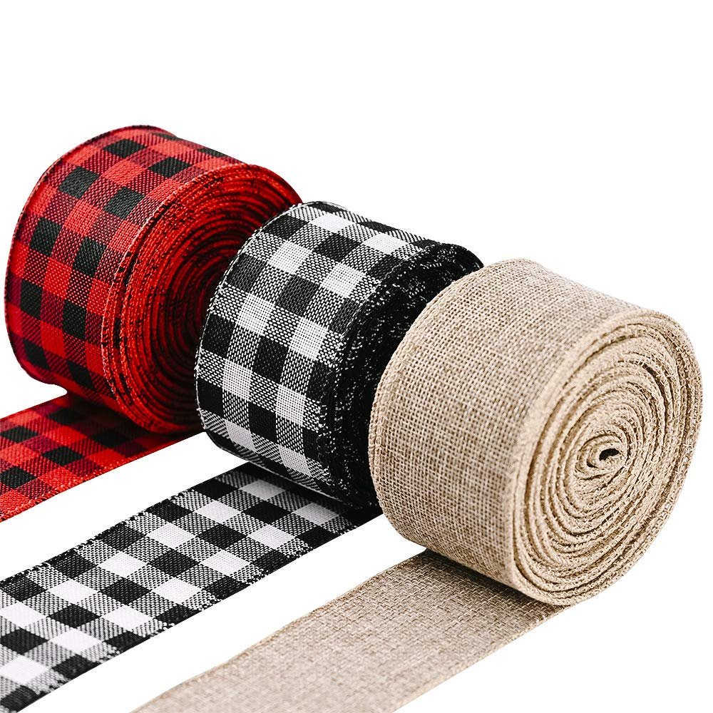 3 Roll Wired Plaid Ribbons Stars Stripes Ribbon Burlap Craft Ribbon Christmas Decoration 4th of July Decor American Independence Day for DIY Gift Wrapping Holiday Decorations