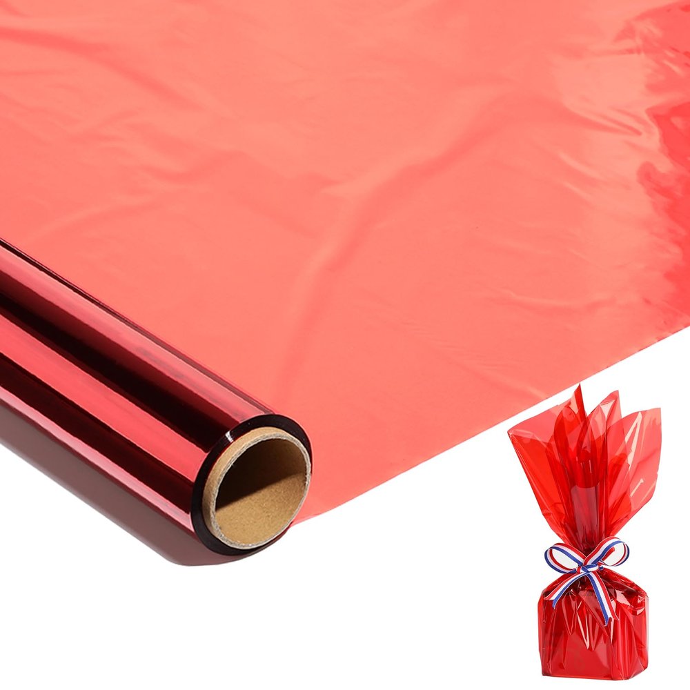 100 Ft x 17 in Red Cellophane Wrap Roll Valentine Day - Red Transparent Cellophane Roll for Gift Basket Wrap - Plastic Wrap for Christmas Light Decorations, Treats, Graduation Gift Wrapping.