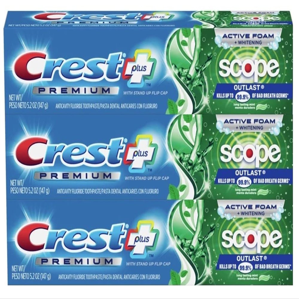 Crest Premium Plus Scope Outlast Toothpaste, Long Lasting Mint Flavor 5.2 oz (Pack of 3)
