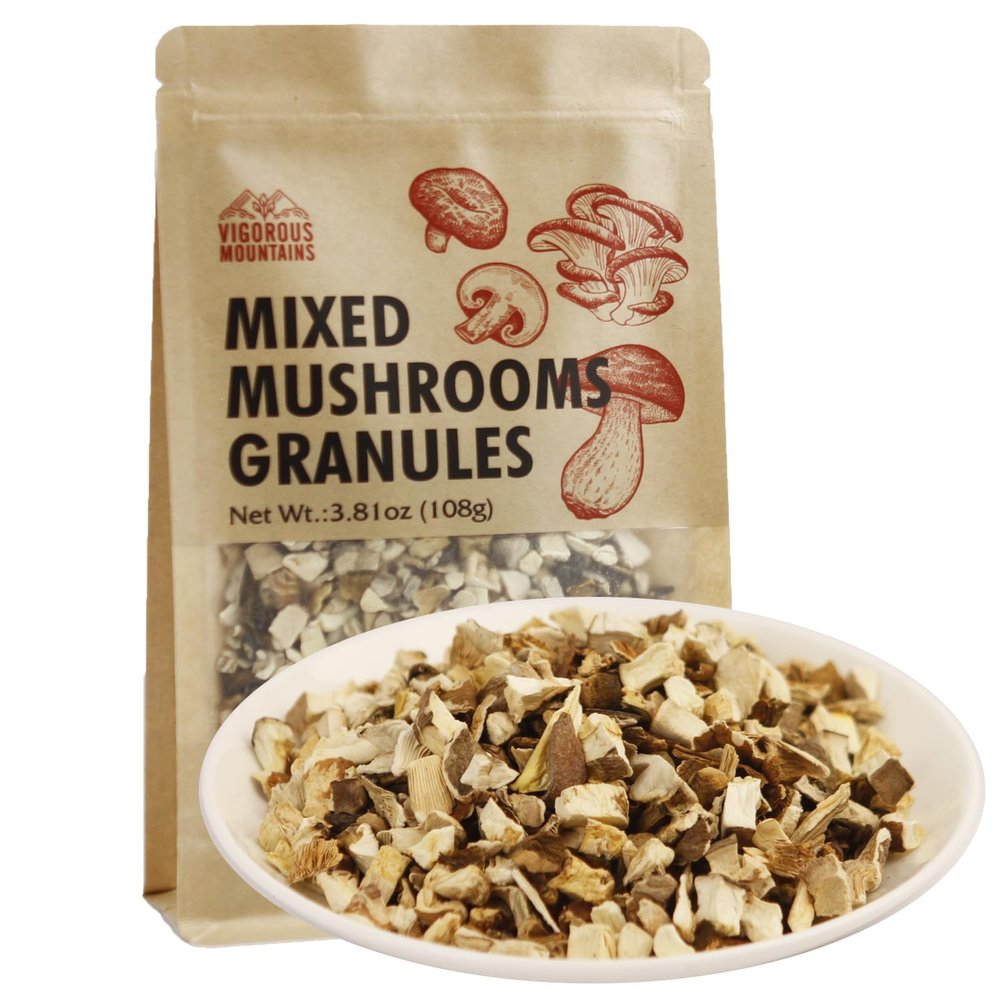 VIGOROUS MOUNTAINS Dried Assorted Mushrooms Granules for Cooking Including Porcini Shiitakes Champignon Oyster Culinary Mushrooms 3.81 ounce, 108g
