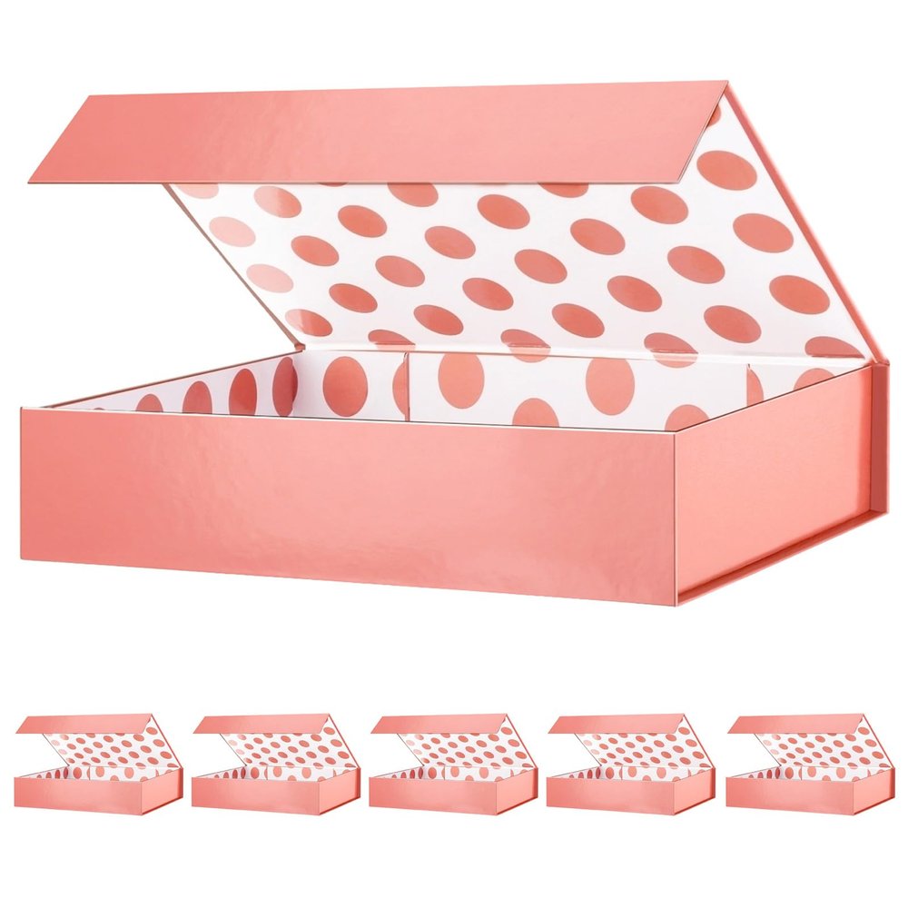 GREEN BEAN 6 Gift Boxes 11x7.8x2.3 Inches, Rose Gold Gifts Boxes with Lids, Magnetic Gift Boxes, Shirt Gift Box for Clothes (Glossy Metallic Rose Gold, Polka Dot Design Inside)